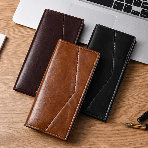 Portafoglio Lungo da Uomo in Affari Pelle PU Retro Casual Grande Capacità Multidifunzione Portafoglio con Cerniera Porta Carte