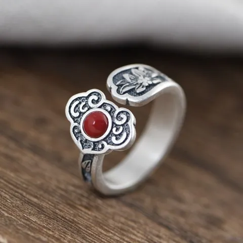 Vintage Kupfer Open Ring Für Damen Herren Ethno Stil Ruyi Lock Verheißungsvolle Wolke Roter Stein Verstellbar Fingerring Schmuck