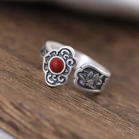 Vintage Kupfer Open Ring Für Damen Herren Ethno Stil Ruyi Lock Verheißungsvolle Wolke Roter Stein Verstellbar Fingerring Schmuck