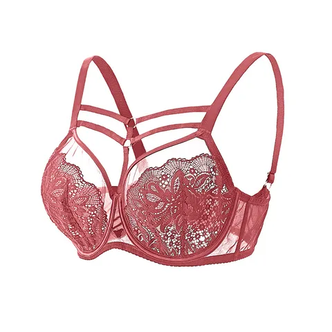 Women Plus Size Lace Bra Sexy Thin Underwire Full Cup Lingerie Floral Spliced Strappy Breathable Push Up Bra For Big Chest