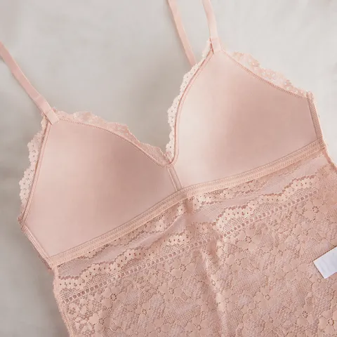 Camiseta de Tirantes Sexy de Encaje Estilo Francés para Mujer Sujetador Sin Aros Calado Copa Triangular