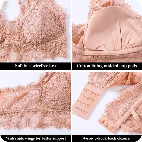 Women's French Style Wireless Lace Bra Sexy Breathable Push Up Lingerie Bralette Comfortable Soft Thin Cup Underwear Top