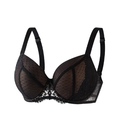 Women Plus Size Bra Full Cup Lace Polka Dot Mesh Breathable Gathering Anti Sagging Underwear Lingerie Nylon Polyester