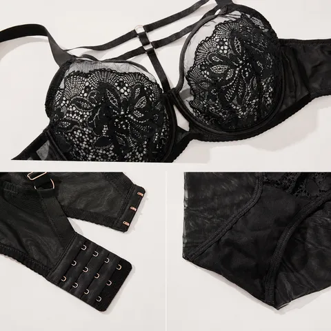 Women's Sexy Lace Bra And Panty Top And Bottom Set Large Size Thin Full Cup Underwired Strappy Lingerie For Women