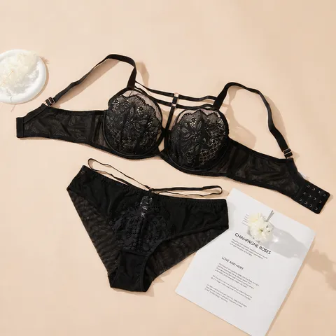 Women's Sexy Lace Bra And Panty Top And Bottom Set Large Size Thin Full Cup Underwired Strappy Lingerie For Women