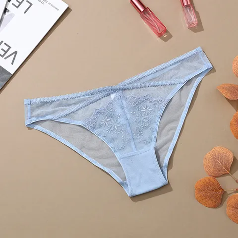 Women Sexy Floral Embroidery Lace Panties Breathable Hollow Out Cross Straps Mid Waist Lingerie Underwear For Dating Party
