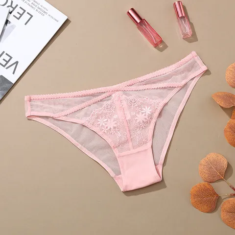 Women Sexy Floral Embroidery Lace Panties Breathable Hollow Out Cross Straps Mid Waist Lingerie Underwear For Dating Party