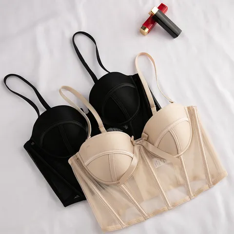French Sexy Fishbone Corset Bra Top For Women Large Breast Minimizer Push Up Mesh Lace Bustier With Removable Straps