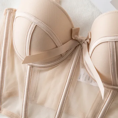 French Sexy Fishbone Corset Bra Top For Women Large Breast Minimizer Push Up Mesh Lace Bustier With Removable Straps