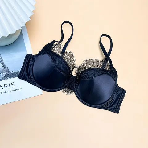 French Style Sexy Lace Satin Bra For Women Push Up Gathering Adjustment Underwire Lingerie Anti-sagging Solid Color Brassiere