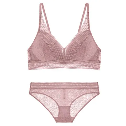 Franse Stijl Draadloze Driehoekscup Kant BH Set Sexy Push Up Comfortabel Lingerie Set Voor Vrouwen Elegante Transparante Bloemen Ondergoed Top And Bottom
