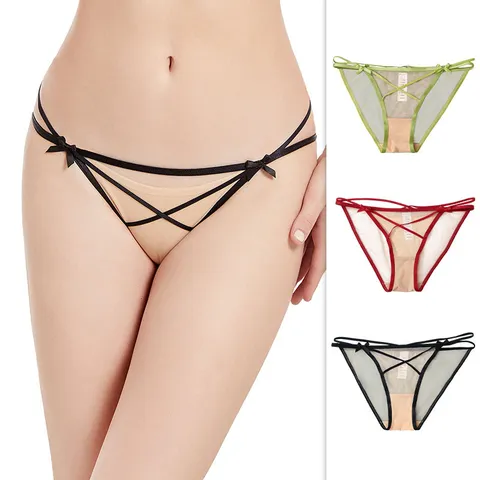 Women Sexy Transparent Mesh Panties Mid Waist Bottom Briefs With Bow Lace Trim Breathable Nylon Lingerie For Women Everyday