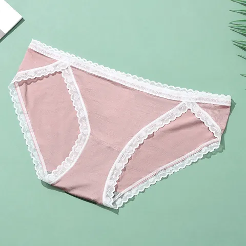 Women's High Cut Cotton Panties Seamless Breathable Lace Trim Mid Waist Briefs Comfortable Solid Color Underwear For Women