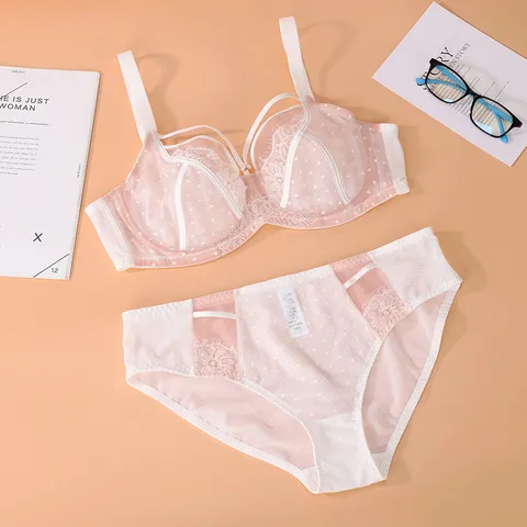 Women's Plus Size Lace Nylon Bra And Bottom Top And Bottom Thin Full Cup Underwired Bra Set With Polka Dot Mesh Floral Pattern Lingerie