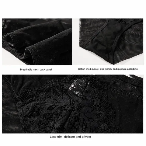 Mutandine Sexy in Pizzo e Mesh per Donna Taglie Forti Vita Alta Biancheria Intima Traspirante con Tassello in Cotone