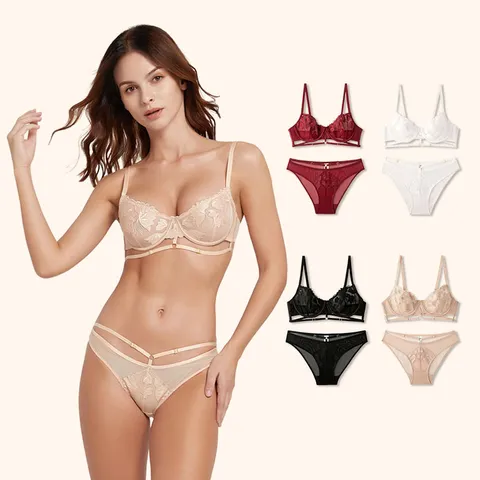 Conjunto de Sujetador con Tiras y Bordado Floral Sexy para Mujer Conjunto de Ropa Interior Push Up de Encaje Lencería de Malla Transparente