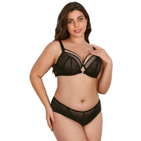 Women Plus Size Lingerie Set Thin Lace Push Up Minimizer Bra And Panties Breathable Mesh Underwire Underwear Set Sexy Lingerie