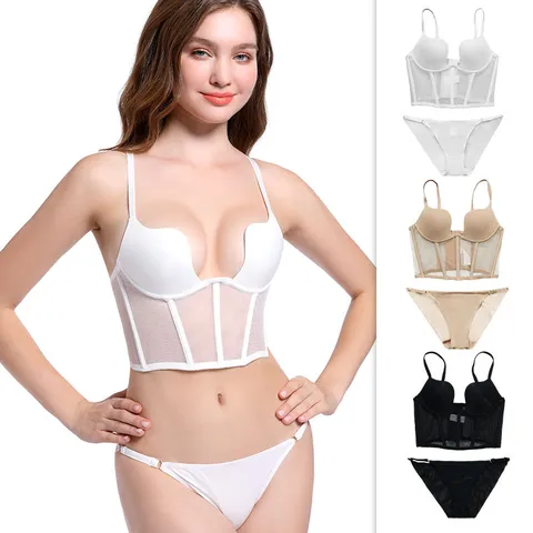 Französischer Vintage Fischgräten Korsett BH Set Damen Tiefer U Push Up Dessous Netz Patchwork Unterwäsche Top Und Bottom Set