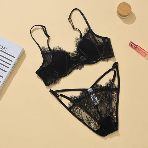 Women Sexy French Lace Lingerie Set Rabbit Ear Cup Bra And Panty Set Breathable Thin Nylon Lingerie Top And Bottom