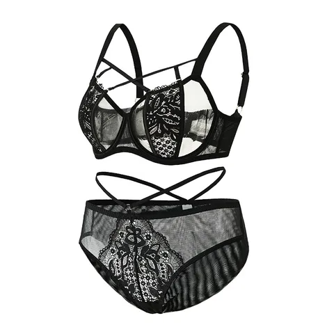 Sexy Plus Size Lace Lingerie Set For Women Embroidered Floral Mesh Minimizer Underwire Bra And Matching Panty Set Large Cup Lingerie