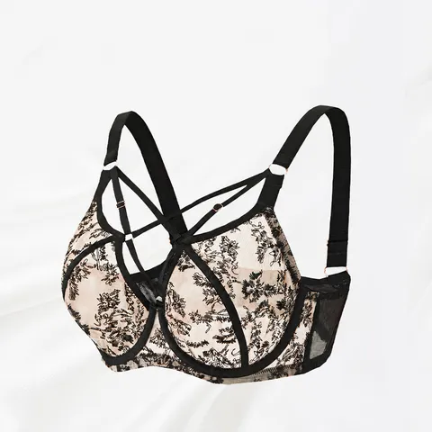 Women Plus Size Lingerie Mesh Lace Embroidery Bra Push Up Anti-Sagging Breathable Full Cup Underwired Sexy Lingerie For Big Chest Women