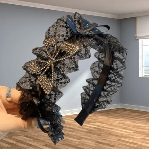 Diadema de Mariposa de Malla de Diamantes de Imitación de Ala Ancha para Mujer Banda de Pelo Floral de Encaje Negro Accesorios de Cabello Elegantes para Fiesta