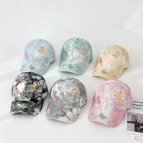 Fashion Women Tie Dyed Gradient Baseball Cap Luxury Heavy Craft Rhinestone Butterfly Curved Brim Adjustable Outdoor Sunshade Hat