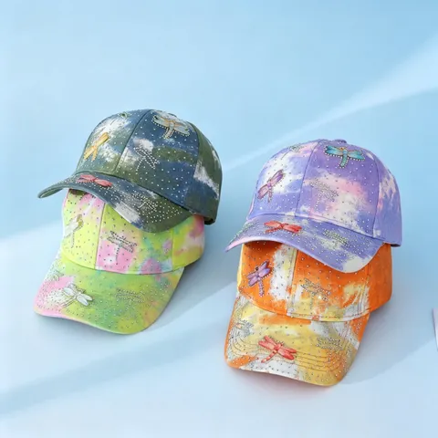 Berretto da Baseball Tie-Dye da Donna di Moda Con Strass Libelle Regolabile in Cotone per Outdoor Tempo Libero Parasole