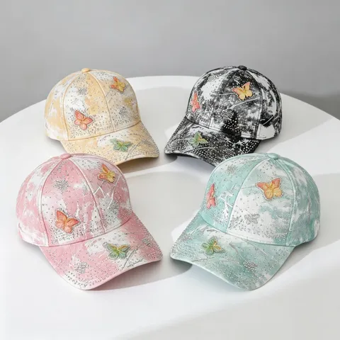 Fashion Women Tie Dyed Gradient Baseball Cap Luxury Heavy Craft Rhinestone Butterfly Curved Brim Adjustable Outdoor Sunshade Hat
