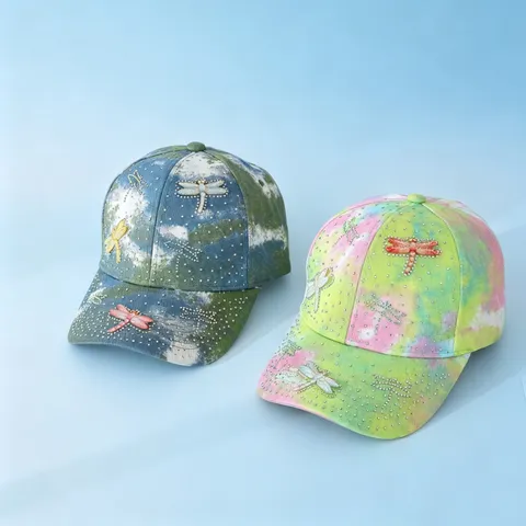 Berretto da Baseball Tie-Dye da Donna di Moda Con Strass Libelle Regolabile in Cotone per Outdoor Tempo Libero Parasole