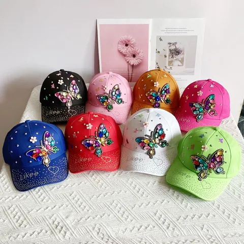 Fashion Cotton Rhinestone Butterfly Baseball Cap For Women Western Shiny Crystal Sun Protection Outdoor Travel Peaked Cap
