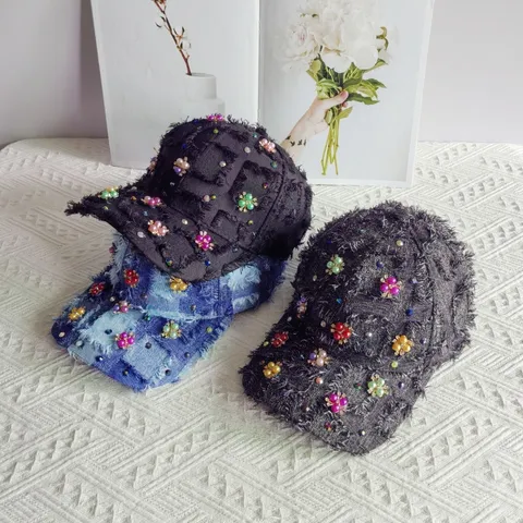 Gorra de Béisbol de Tweed a Cuadros para Mujer Elegante Perla Artificial Strass Flor Sol Borde Deshilachado Ajustable Gorra