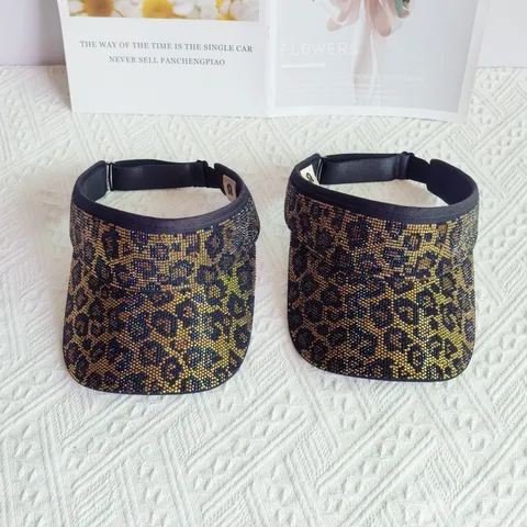 Visera de Moda con Estampado de Leopardo y Strass para Mujer Algodón Poliéster Sin Top Visera Curva Ajustable Sombrero de Sol Exterior