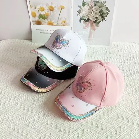 Gorra de Béisbol para Mujer Tela de Escalera Strass Alta Costura Mariposa Purpurina Degradada Parasole Ajustable Al Aire Libre