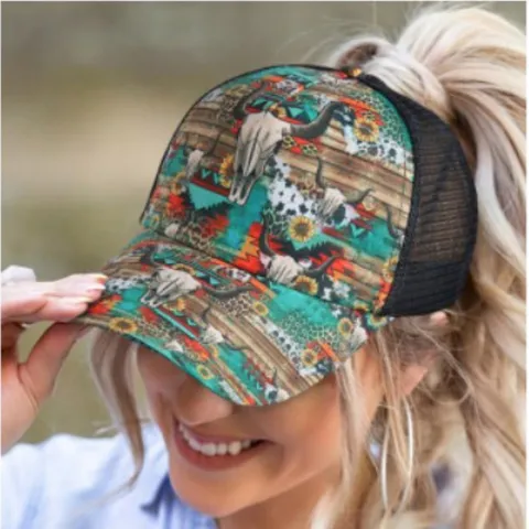 Women Cross Opening Crisscross Ponytail Trucker Hat Western Printed Mesh Cap Outdoor Sun Protection Sport Baseball Cap