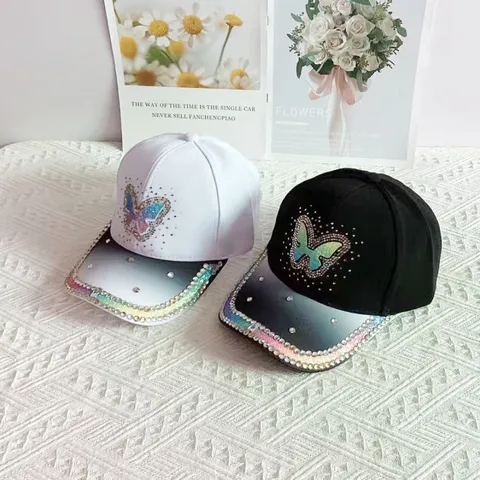Gorra de Béisbol para Mujer Tela de Escalera Strass Alta Costura Mariposa Purpurina Degradada Parasole Ajustable Al Aire Libre
