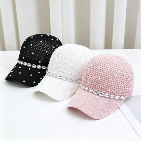 Gorra de Béisbol de Lujo de Punto Calado con Strass y Perlas Artificiales Transpirable de Moda Diseño de Espiga de Trigo Sombrero de Sol para Mujer Viaje de Verano Visera Ajustable