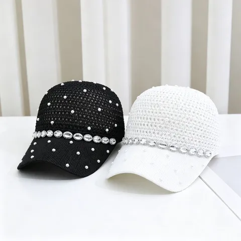Gorra de Béisbol de Lujo de Punto Calado con Strass y Perlas Artificiales Transpirable de Moda Diseño de Espiga de Trigo Sombrero de Sol para Mujer Viaje de Verano Visera Ajustable