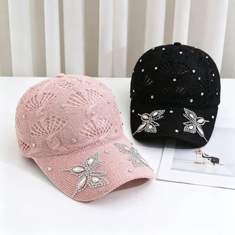 Fashion Cotton Knit Hollow Out Baseball Cap With Rhinestone Butterfly Crown Pattern Sun Protection Breathable Outdoor Adjust Cap For Women