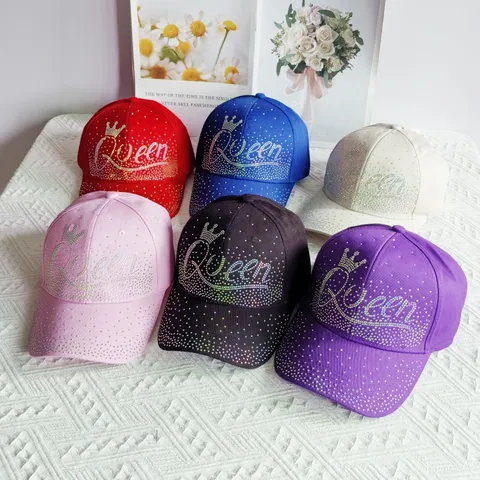 Fashion Cotton Baseball Cap Trendy Rhinestone Crown Queen Letter Adjustable Sun Protection Curved Brim Casual Hat For Women Men