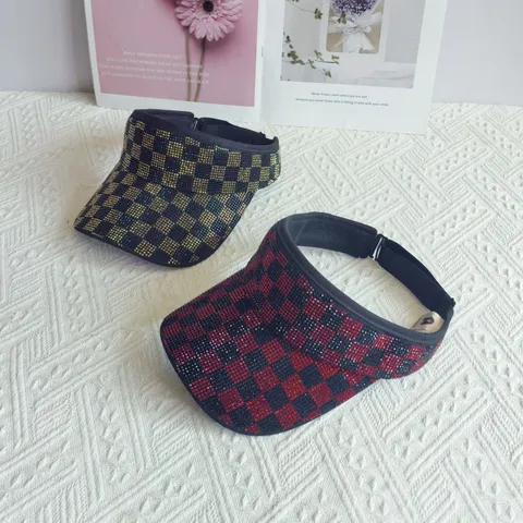 Visera de Moda para Mujer Tablero de Ajedrez Strass Sin Top Ala Curva Ajustable Aire Libre Sombra Sol Sombrero