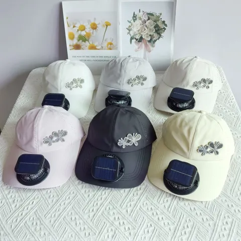Polyester Baseball Cap With Solar Charging Cooling Fan Rhinestone Butterfly Sun Protection Long Brim Outdoor Adjustable Hat For Women Men