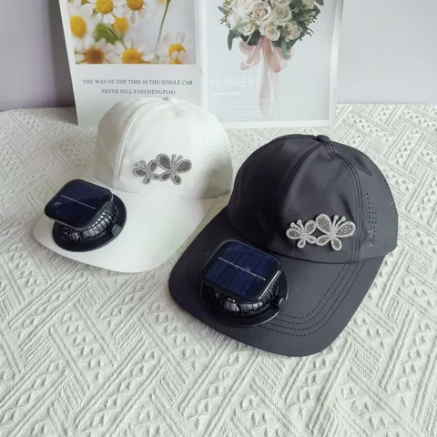Polyester Baseball Cap With Solar Charging Cooling Fan Rhinestone Butterfly Sun Protection Long Brim Outdoor Adjustable Hat For Women Men