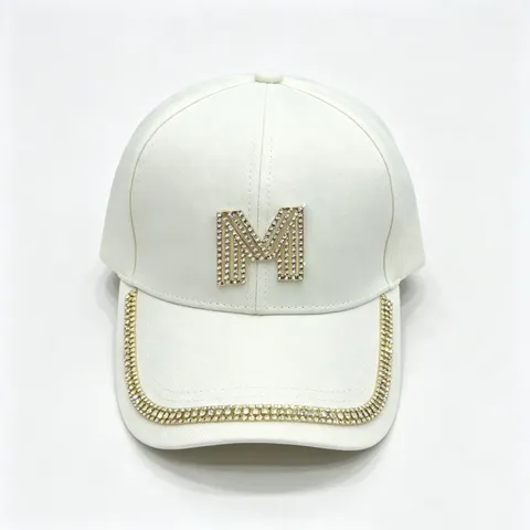Fashion Women Rhinestone M Logo Baseball Cap Polyester Sun Protection Adjustable Curved Brim Casual Sports Hat Travel