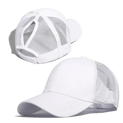 Women Ponytail Mesh Baseball Cap High Messy Bun Adjustable Cotton Breathable Sun Hat Outdoor Casual Solid Color Trucker Cap