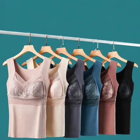 Women's V-Neck Thermal Tank Top Lace Trim Built-in Bra Pads Fleece Lined Dralon Slimming Base Layer Top Winter Warm Undershirt