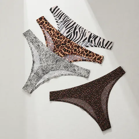 Women Seamless Leopard Print Thong Low Rise Nylon Cotton Crotch G-string Breathable Invisible Underwear Panties For Women