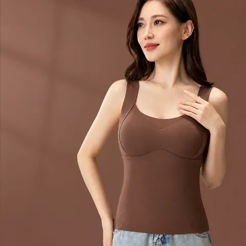 Women's Fleece Lined Thermal Vest With Built In Bra Seamless Tank Top Base Layer Pullover Slimming Body Shaper Thermal Underwear
