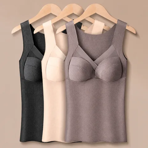 Chaleco Térmico Estilo Francés Para Mujer Forro Polar Camiseta Sin Mangas Sin Costuras Con Almohadillas Fijas Ropa Interior Térmica Cuello en V Camisola