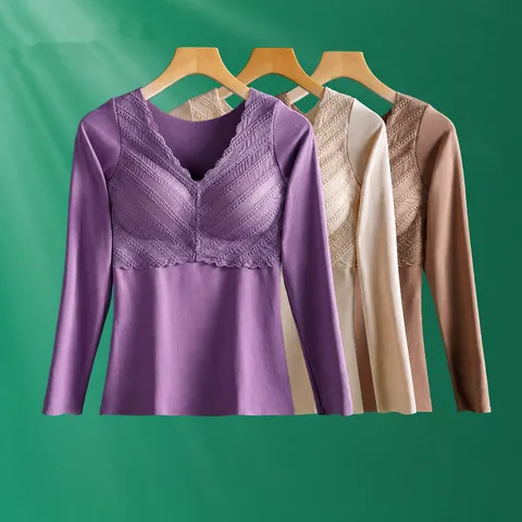 Women's V-Neck Lace Thermal Long Sleeve Top With Built-in Chest Pads Slim Fit Solid Color Polyester Base Layer Shirt